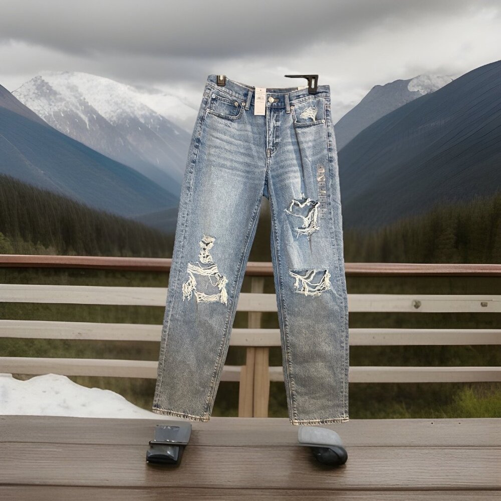 NWT American Eagle Jeans Women's Sz 6 28W 90s Straight Blue Denim Distressed $70